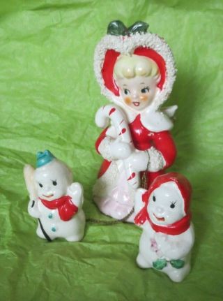 Vintage Porcelain Christmas Angel Figure & 2 Snowmen On Chains Japan 5 " Tall