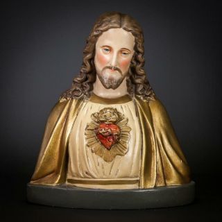 Christ Bust Statue | Sacred Heart Of Jesus Figure | Antique Plaster Figurine 13 "