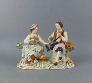 Antique Porcelain Sitzendorf Romantic Figurine Of Couple With Flowers,  Signed