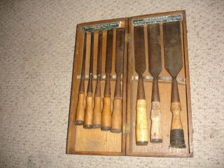 Antique James Swan Co.  Chisel Set 8 Wood Chisels W/finger Jointed Box