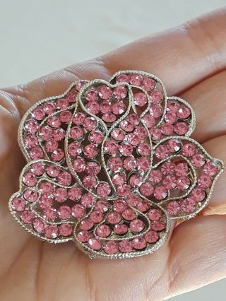 Vintage Signed Weiss Pink Rhinestone Flower Brooch Pin Silver Tone