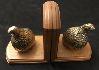 Vintage 60s Mid Century Modern Mcm Brass Wood Quail Bird Bookends Book Ends