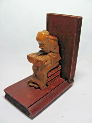 Vintage Hand Carved Wooden Monk Reading Book German Bookend