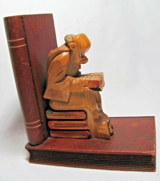Vintage Hand Carved Wooden Monk Reading Book German Bookend 2