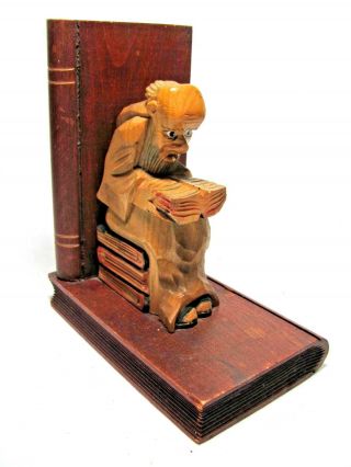 Vintage Hand Carved Wooden Monk Reading Book German Bookend 3