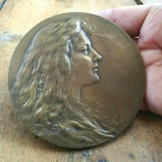 Antique Art Nouveau 4 " Austrian Bronze Medal Plaque Portrait Woman Schwartz