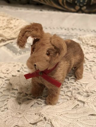 Vintage 40s Small Dog Doll Toy Dachshund? Terrier? Real Fur,  Glass Eyes 2.  5” 2