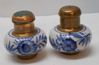 Brass With Blue And White Porcelain Salt And Pepper Shakers Flowers Vintage