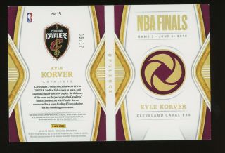 2018 - 19 Panini Opulence Kyle Korver 08/17 NBA Finals GU 3 - Color Patch Booklet 2
