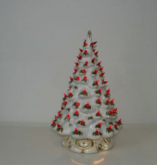 Vintage Large White Gold Trim Ceramic Christmas Tree With Red Lights & Base
