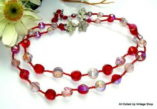 Vintage Vendome Necklace 2 Strand Necklace Siam Ab Red Glass Beads Leafy Clasp