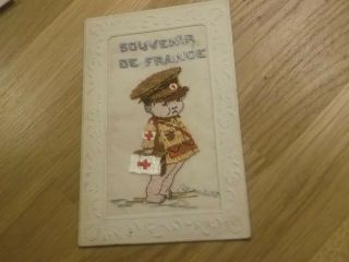 Vintage World War 1 Silk Postcard Of A Boy Soldier Entitled Souvenir De France