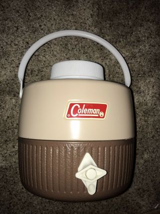 Vintage Coleman 1 Gallon Metal Thermos Water Cooler Jug Tan/ Brown Made In Usa.