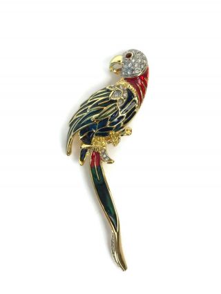 Vintage Tropical Bird Parrot Enamel Pin Brooch Costume Jewelry Rhinestone 3 - 1/2 "