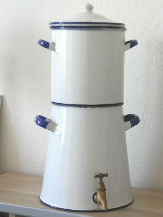 Rare Huge Antique French Enameled Coffee Maker - White & Blue - Bronze Tap