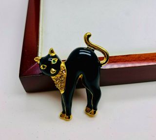 Vintage Jewellery Signed Trifari Crystal/enamel Black Cat Brooch/pin