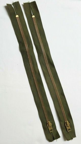 Pair (2) Of Vintage Conmar Usa Zippers - Olive Green,  Gold/brass Tone Metal Zg