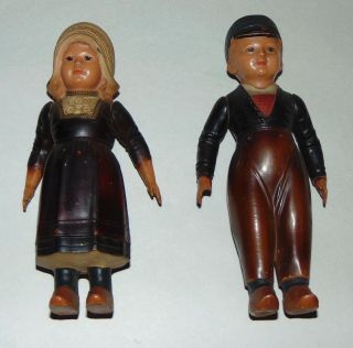 Antique Celluloid Dolls Dutch Boy & Girl Turtle Mark Rheinische Gummi