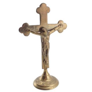 Vtg Solid Brass Cross 9 " Tall Stand Jesus Christ Corpus Crucifix Altar Desk Top