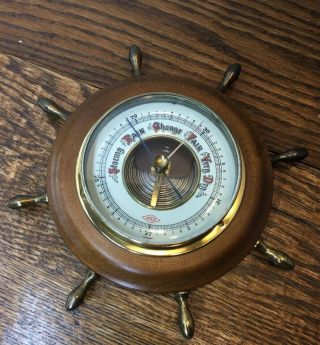 Vintage Barometer Nautical Ship Wheel Atco Made In Germany Wood Base Brass Knobs