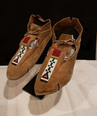Antique Old Native American Indian Beaded Cheyenne Moccasins C.  1890 Buffalo Hide