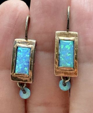 Vtg Sterling Silver 925 Blue Opal Dangle Pierced Earrings Marked 1 1/2 " A006