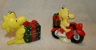 Vintage Set Of 2 Peanuts Woodstock Christmas Ornaments - Motorcycle - Wrapped Gift