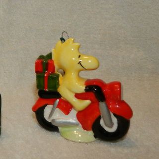 VINTAGE Set of 2 Peanuts WOODSTOCK Christmas Ornaments - Motorcycle - Wrapped Gift 3