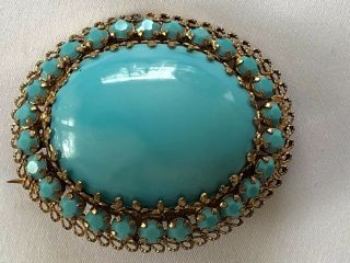 Vintage Made In Austria Turquoise Milk Glass Pin Brooch Signed