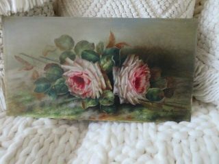 Exquisite Old Antique Rose Oil Painting White Roses Pink Centers By May Banta