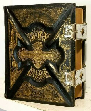 Antique 1890 Family Parallel Holy Bible Apocrypha Restored With Clasps G2