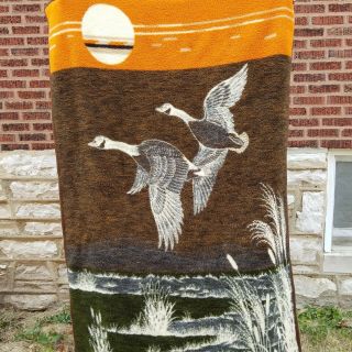 Vintage Biederlack Blanket Flying Canadian Geese Brown Orange Reversible