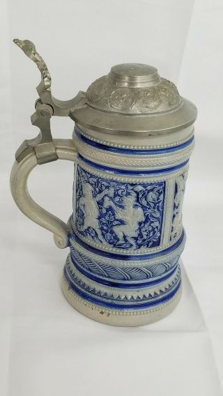 Vintage German Lidded Beer Stein Stoneware Salt Glaze Blue With Quote