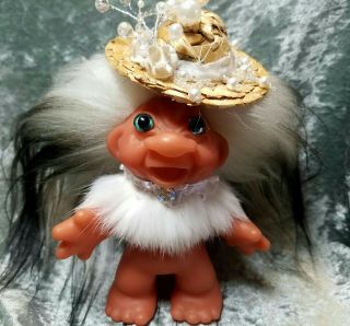 Vintage Dam Troll 4 Inch Ooak In Gorgeous Hat Swarovski Crystal Rabbit Fur