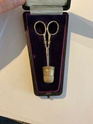 Levi & Salaman Sterling Silver Cased Thimble Scissors Set Antique Boxed Hallmark