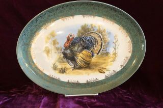 Vintage Thanksgiving Turkey Platter Holiday Table Decor Green Gold Border 13 1/2