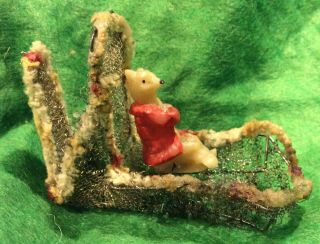 Antique German Sebnitz With Wax Dog/fox With Wax In Sled Christmas Ornament