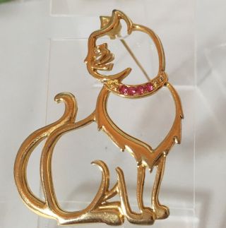 Vintage Signed Jj Cat With Pink Crystal Collar Brooch In Gold Tone