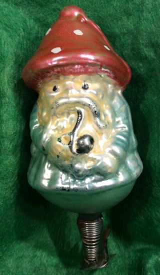 Antique German Large Blown Glass Gnome With Mushroom Hat Ornament On Clip