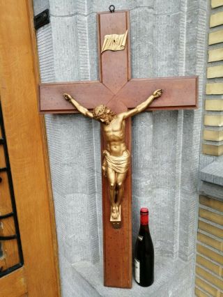 Huge 39.  3 Inc Antique Church Wood Cross Crucifix Metal Inri Jesus Corpus Wall