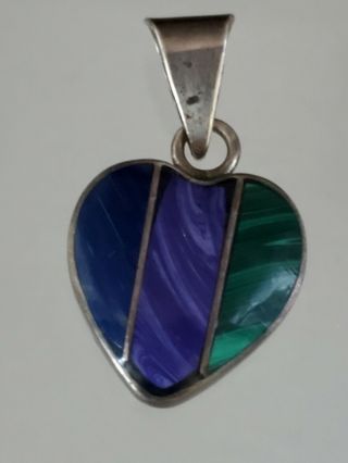 Vintage Taxco Mexico 925 Sterling Silver Lapis Malachite Inlay Heart Pendant