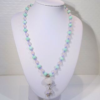 Vintage Handmade Rose Quartz Wire Wrap Pendant Green Slag Glass Beads Necklace