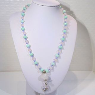 Vintage handmade rose quartz wire wrap pendant green slag glass beads necklace 2
