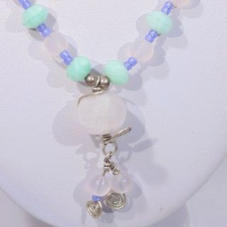 Vintage handmade rose quartz wire wrap pendant green slag glass beads necklace 3
