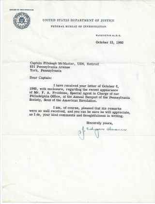 J.  Edgar Hoover - Vintage Authentic Hand Signed Typed Letter On Fbi Letterhead.