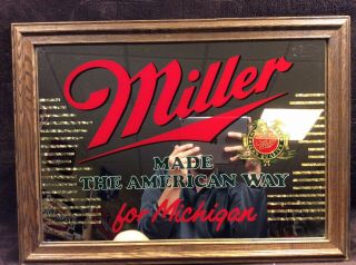 Miller Beer Sign Mirror Vintage “made The American Way For Michigan” Rare