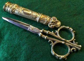 Antique 19th Century Ornate Brass Sewing Scissors,  Sheath Roman Soldier German