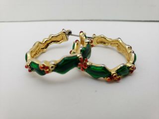 Vintage Holiday Holly Berry Red Greed And Gold Tone Hoop Earrings