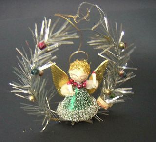 Vintage Retro Christmas Tree Angel Decoration Card Tinsel Wire Glass Balls 1950s