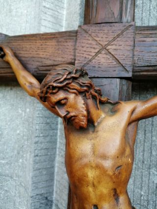 Huge 34.  6 Inc Antique Church Wood Cross Crucifix Plaster Inri Jesus Corpus Wall